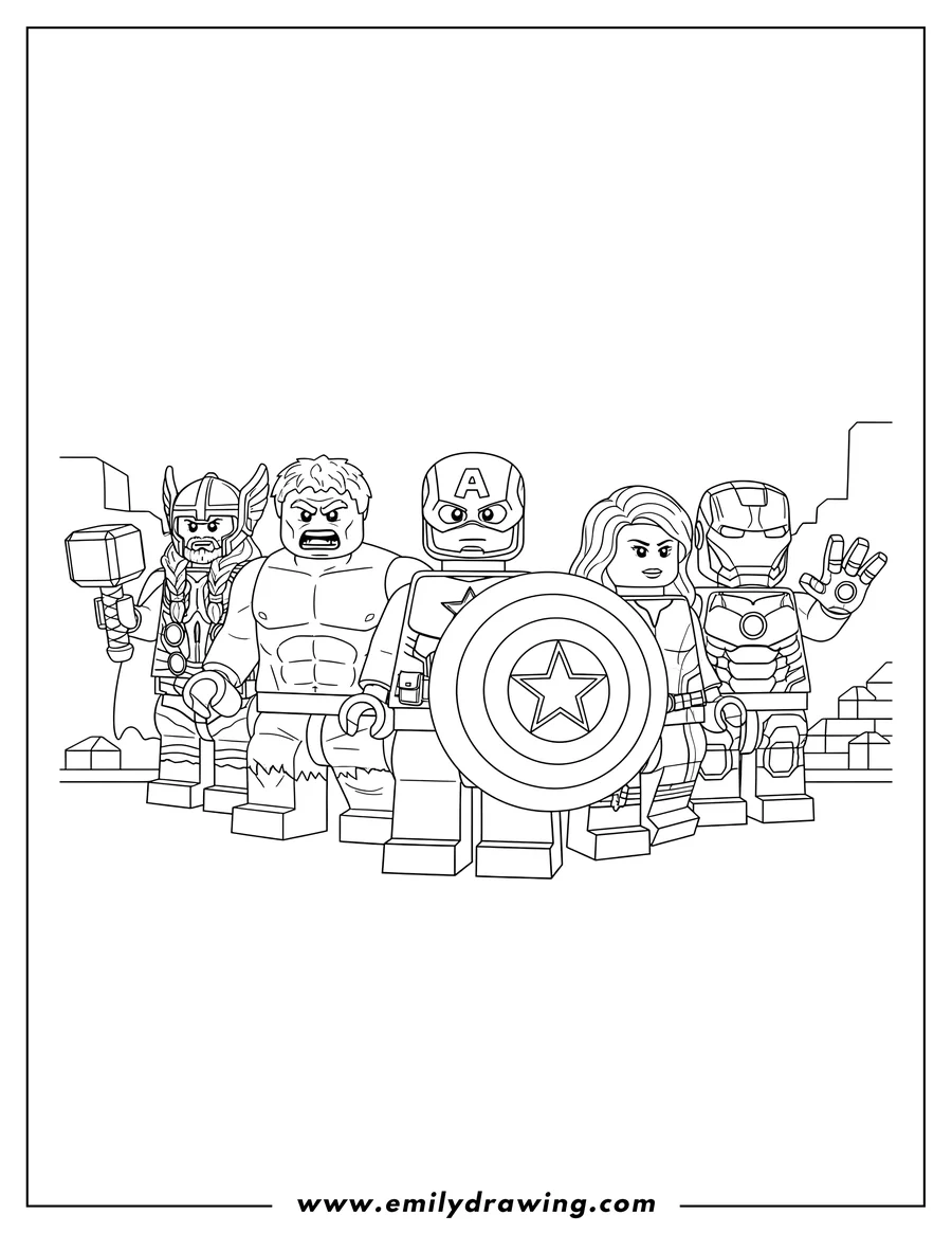 Free to print drawing of lego Iron Man, Thor with long hair and a beard, Hulk looking angry, Black Widow, and Captain America holding his shield, all standing together