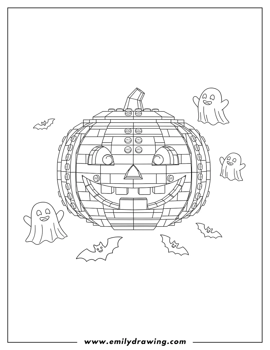 Doodle style coloring picture of A brick-built Lego Jack O Lantern with a carved face, friendly flying ghosts, and bats