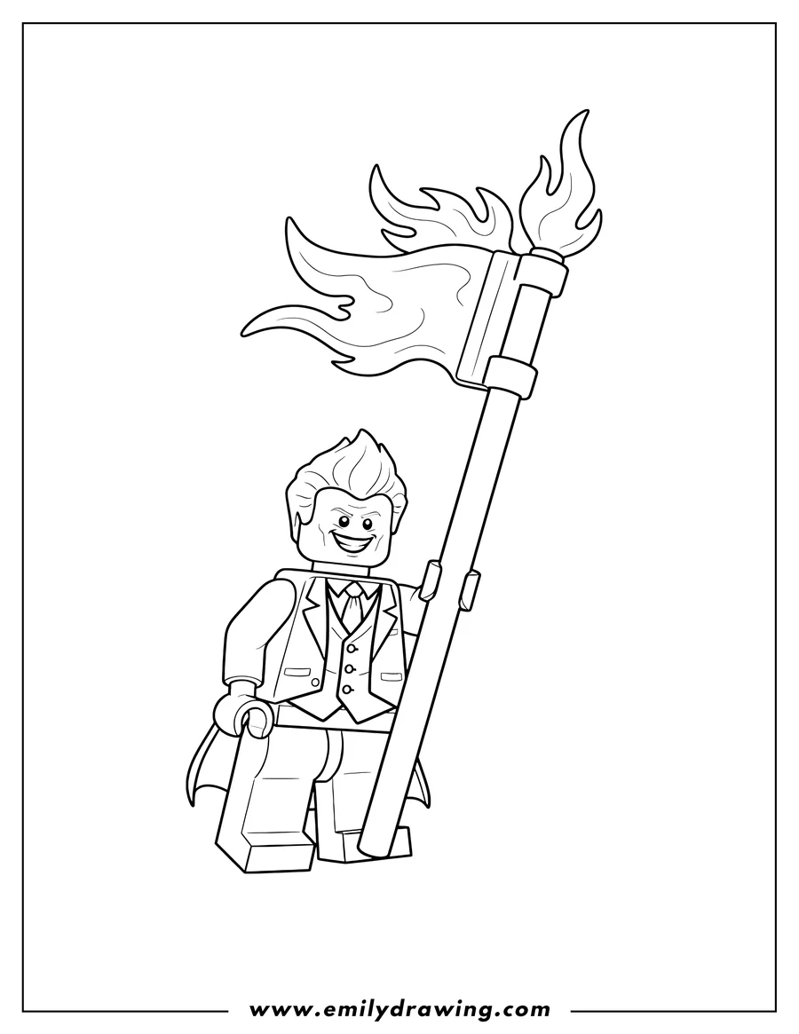 Free printable coloring sheet of lego Joker holding a flag pole with flames to color