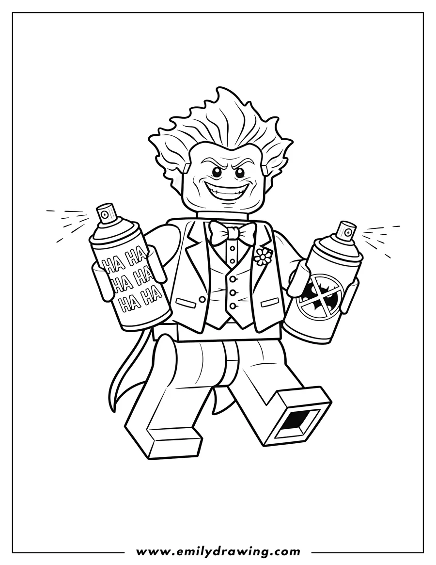Full page coloring image of lego Joker holding spray cans with a mischievous grin