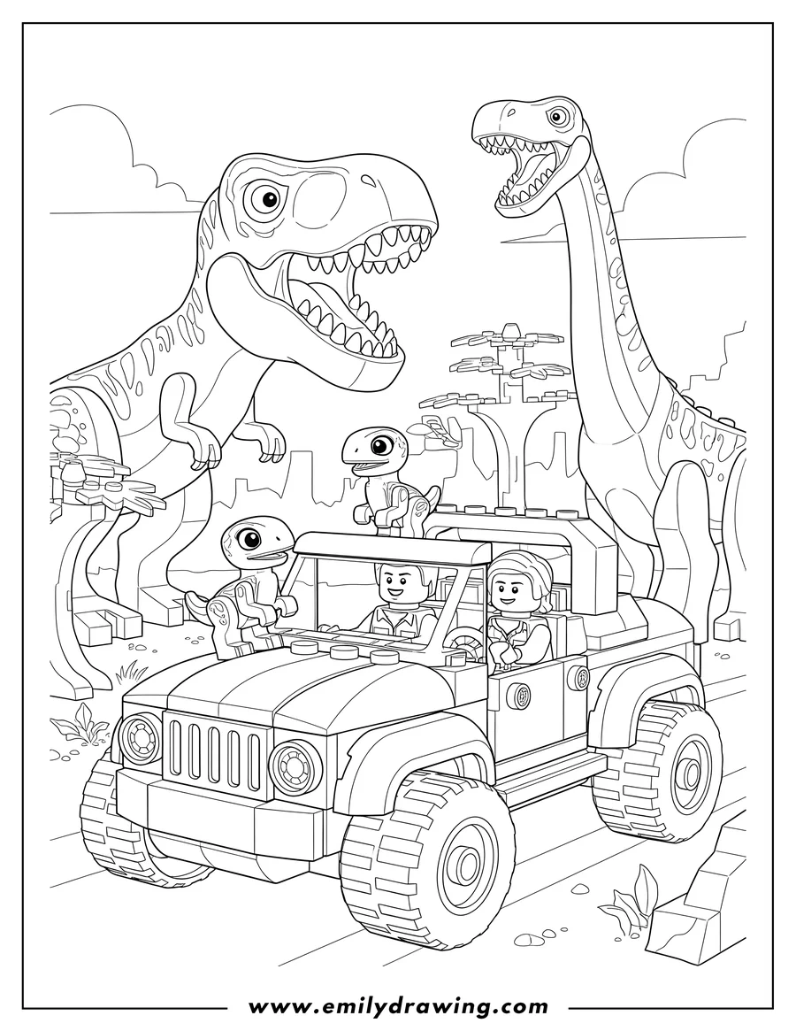 Outline drawing of lego Themed Jurassic Park: Owen and Claire driving a vehicle with baby raptors, as large dinosaurs roar