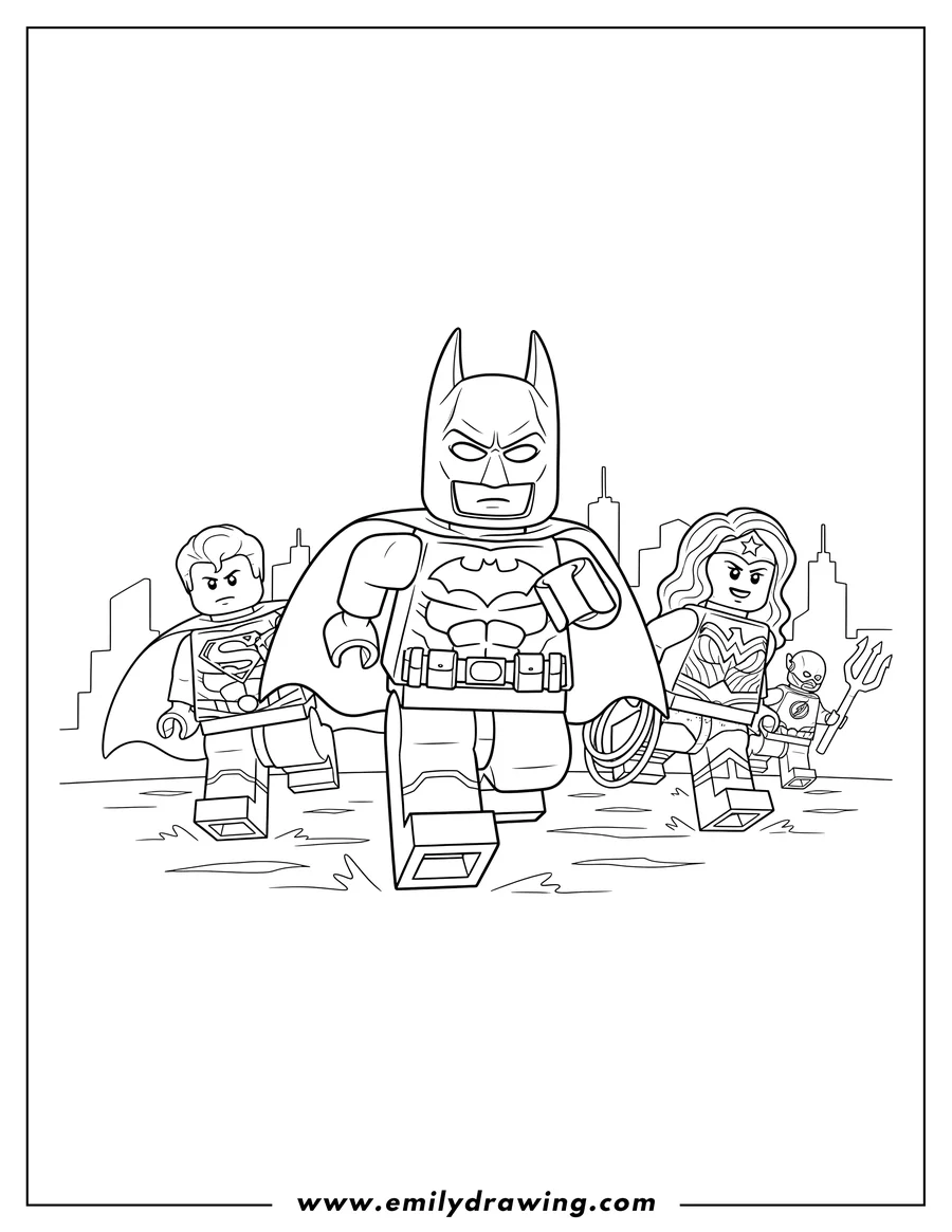 Coloring page of lego Justice League running with Batman, Superman, and Wonder Woman