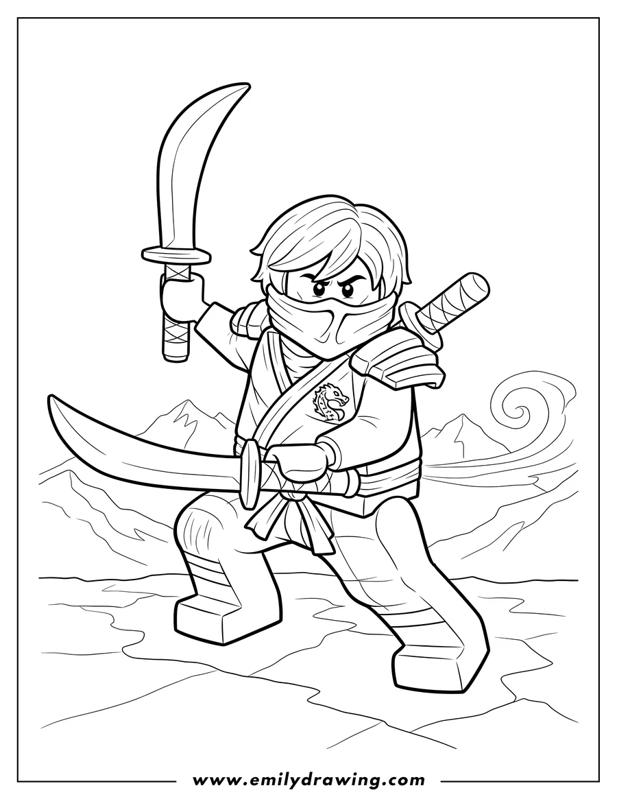 Vector style outline of lego Lloyd smirking, in a fighting pose, holding a kama