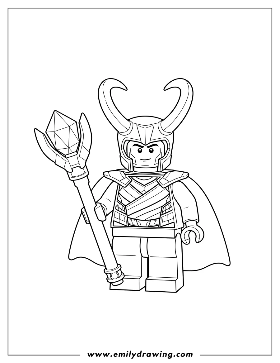 Outline drawing of lego Loki with horned helmet and cape, holding a scepter with a glowing crystal, for preschoolers