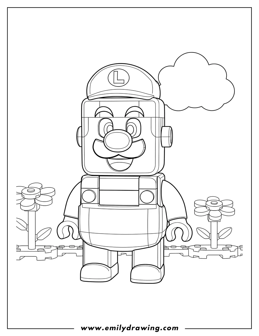 Black and white line art of lego Luigi Scaled, standing and smiling