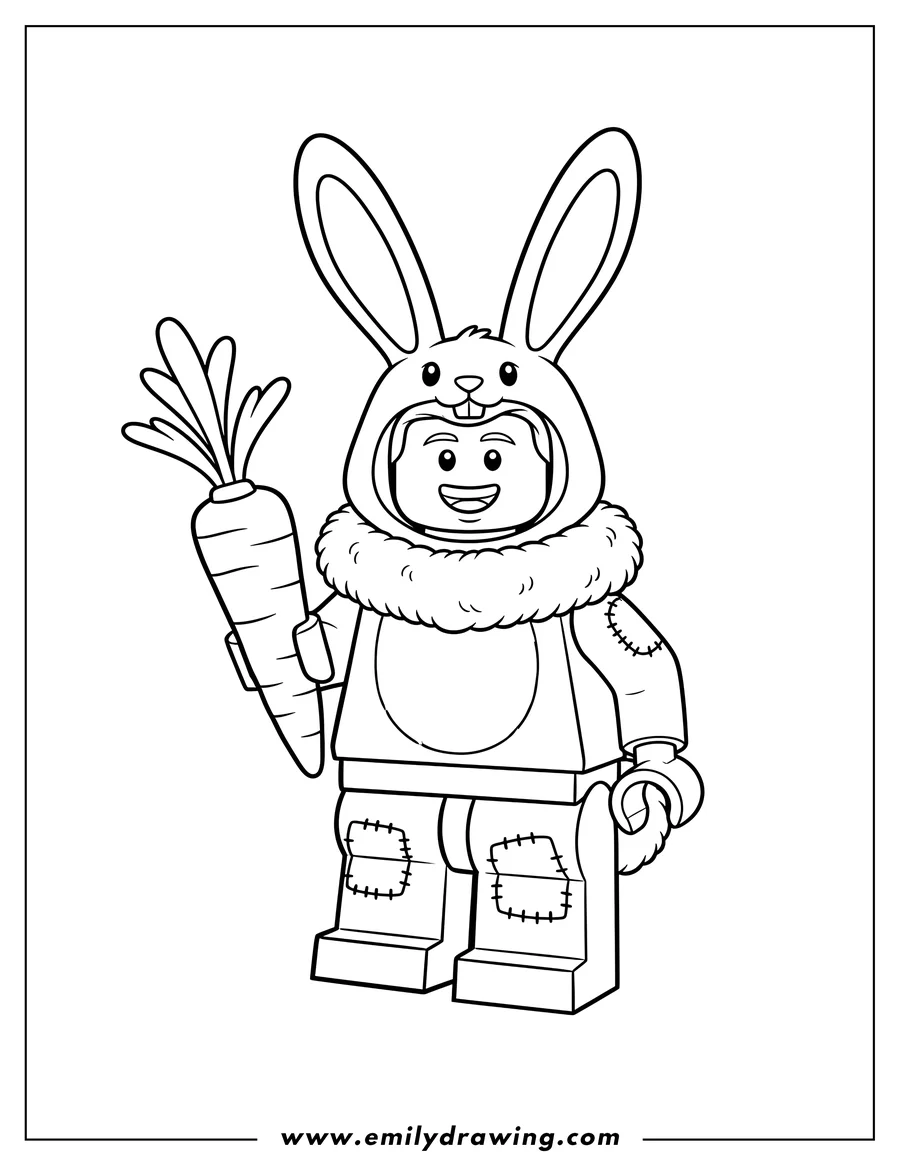 Full page coloring image of lego Man in Easter Bunny Costume, smiling and holding a carrot in his right hand
