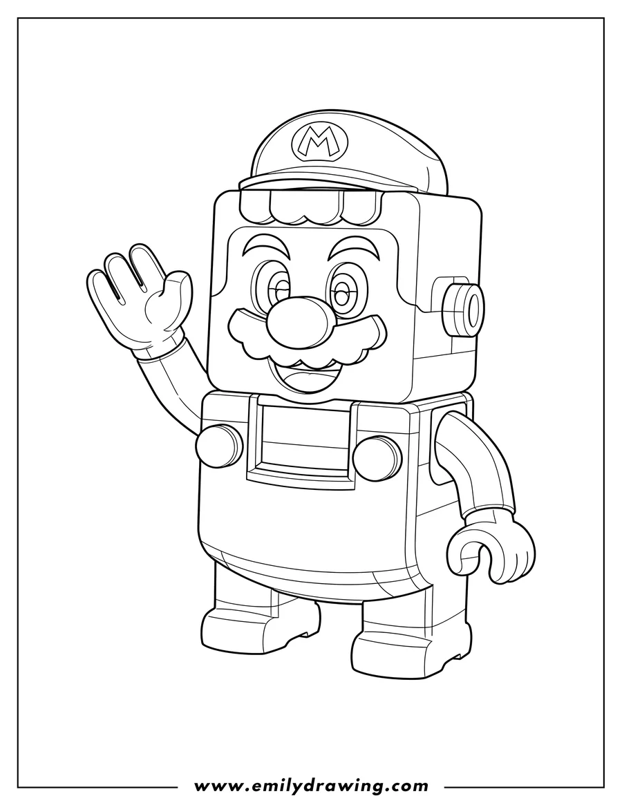 Simple sketch of lego Mario Scaled, standing and waving to color