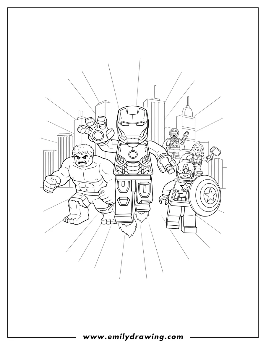 Outline drawing of lego Marvel Avengers Poster To Color, with Iron Man leading, Captain America with shield, and Hulk roaring