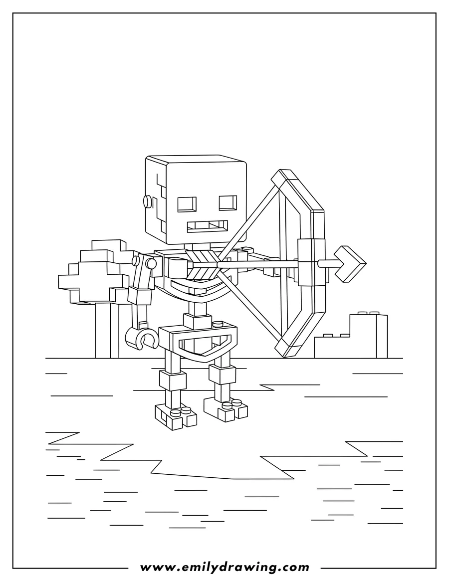 Clean line drawing: lego Minecraft Skeleton standing, holding a bow and arrow