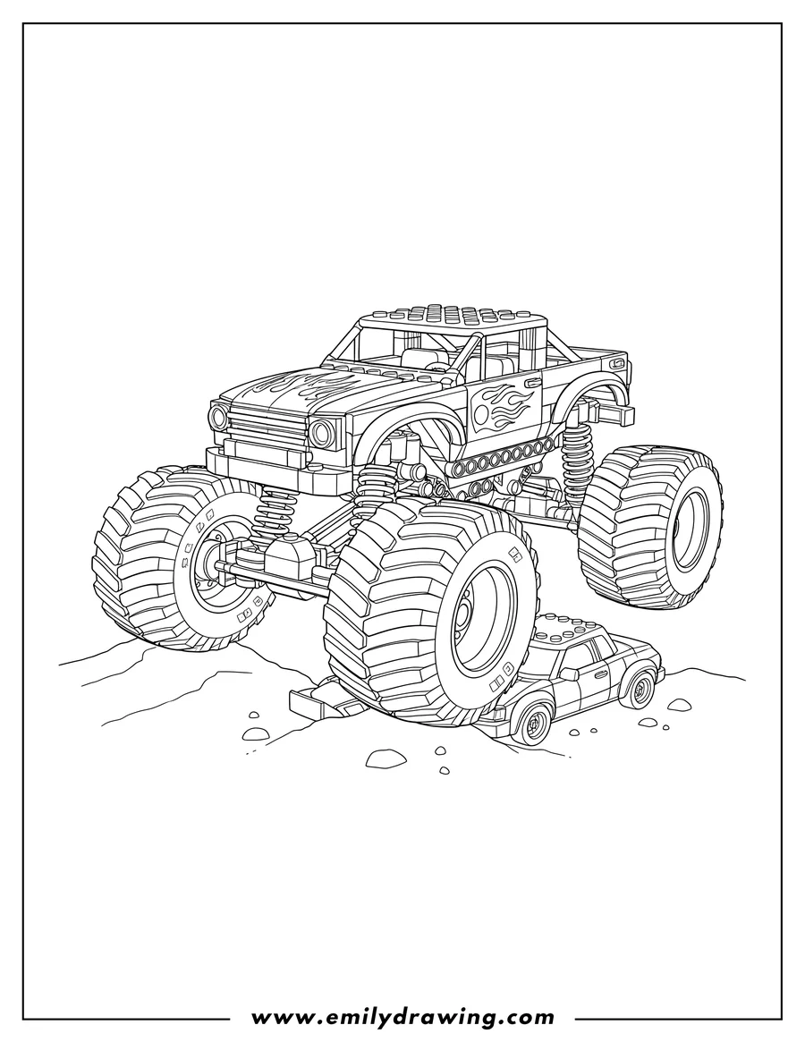 PDF style coloring page: lego Monster Truck Scaled with large treaded wheels and a flame design on the hood