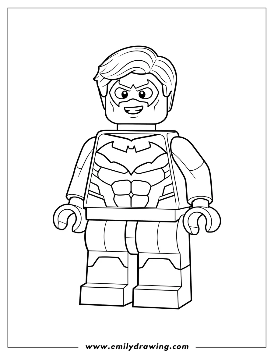 Black and white line art of lego Nightwing character standing, smiling, with short hair, for coloring