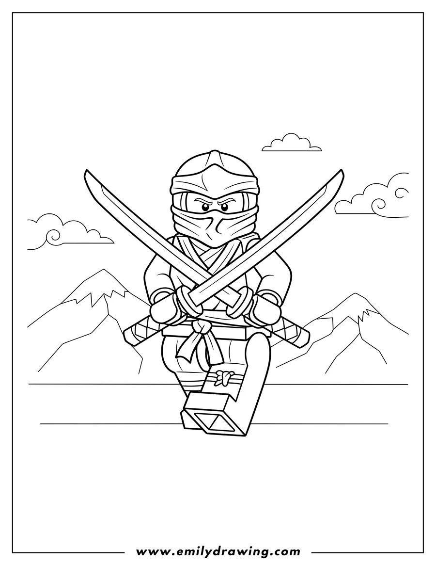Coloring page of lego Ninja with swords and a mask