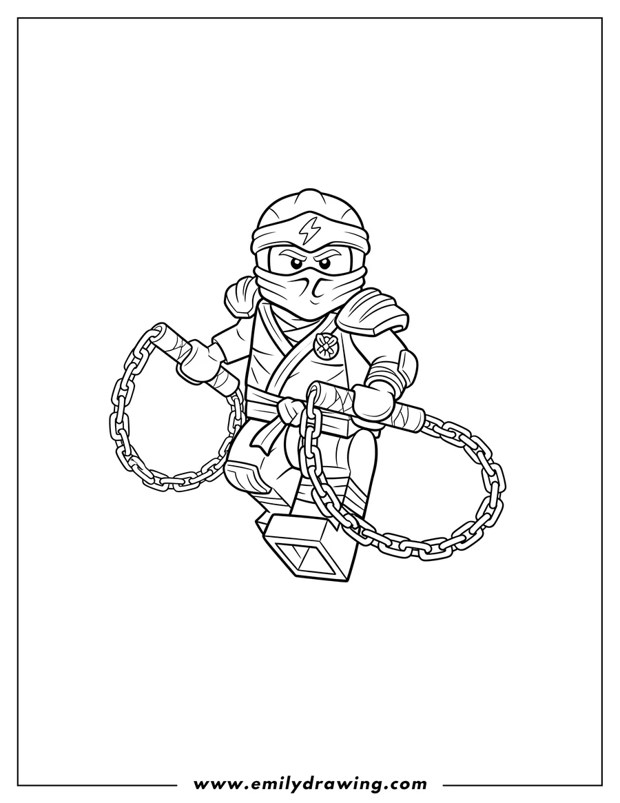 Printable coloring page of lego Ninjago Jay Outline, holding chained weapons
