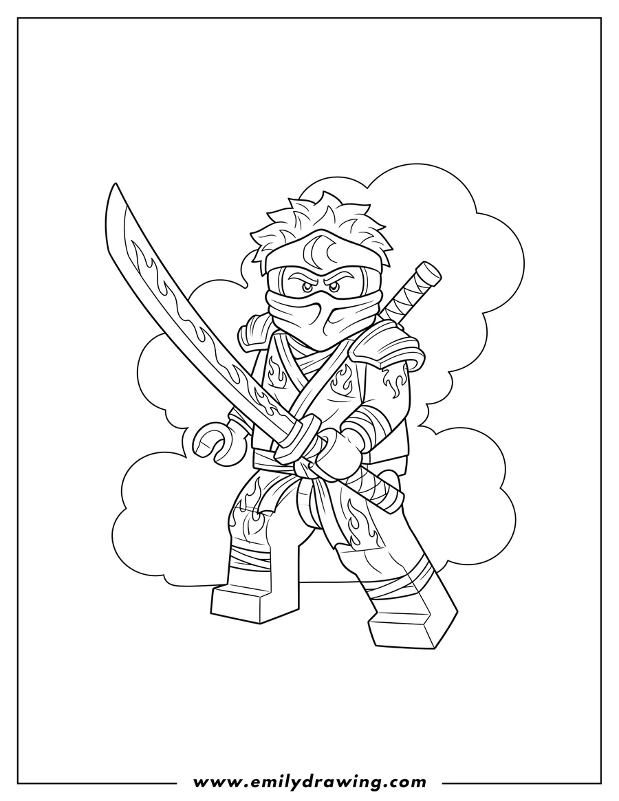 High quality printable lego Ninjago Kai holding a sword with a flame design on his outfit for coloring