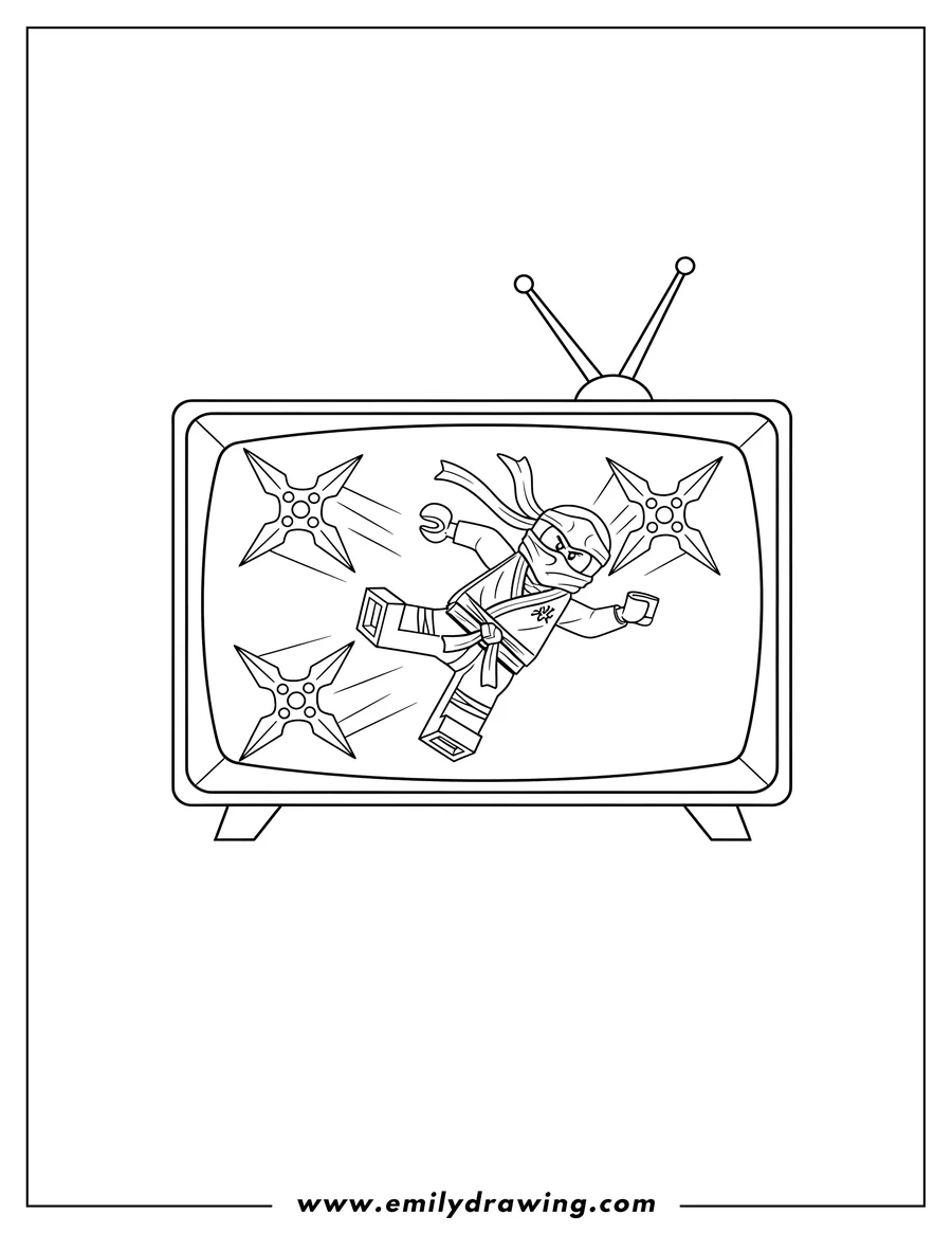 Printable coloring page of lego Ninjago Tv, a ninja in a dynamic action pose, surrounded by shurikens