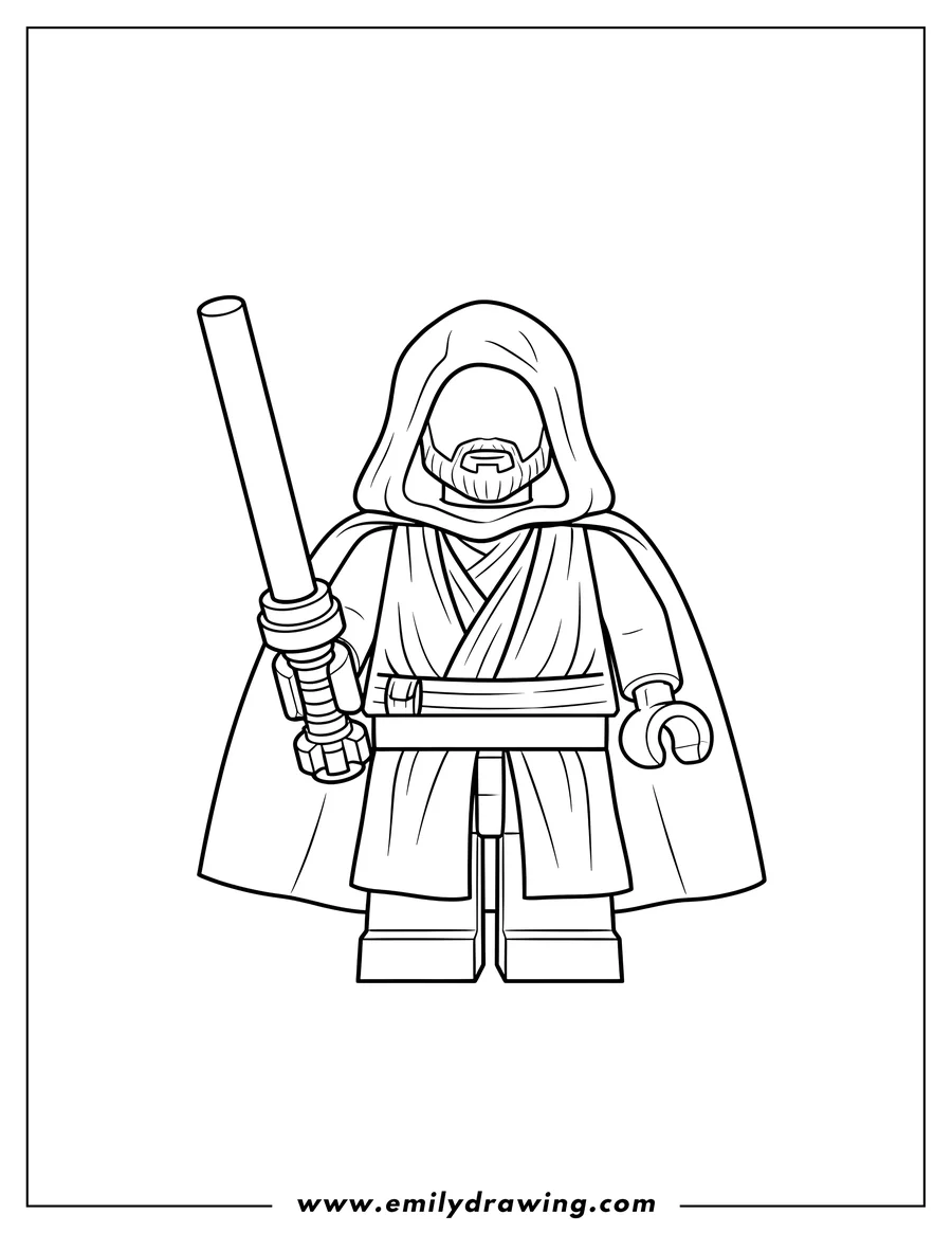 Simple sketch of lego Obi Wan Kenobi wearing a hooded robe and holding a lightsaber to color