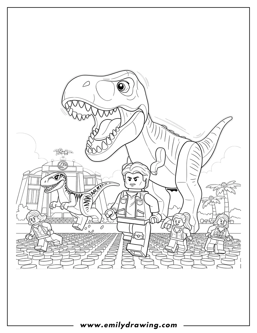 High quality printable lego Themed Jurassic World, Owen Grady and minifigures running from a T-Rex and a raptor for coloring