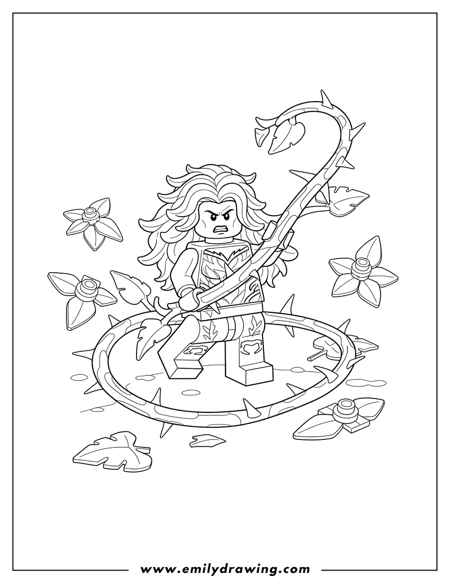Clean line drawing: lego Poison Ivy angrily wielding a thorny vine