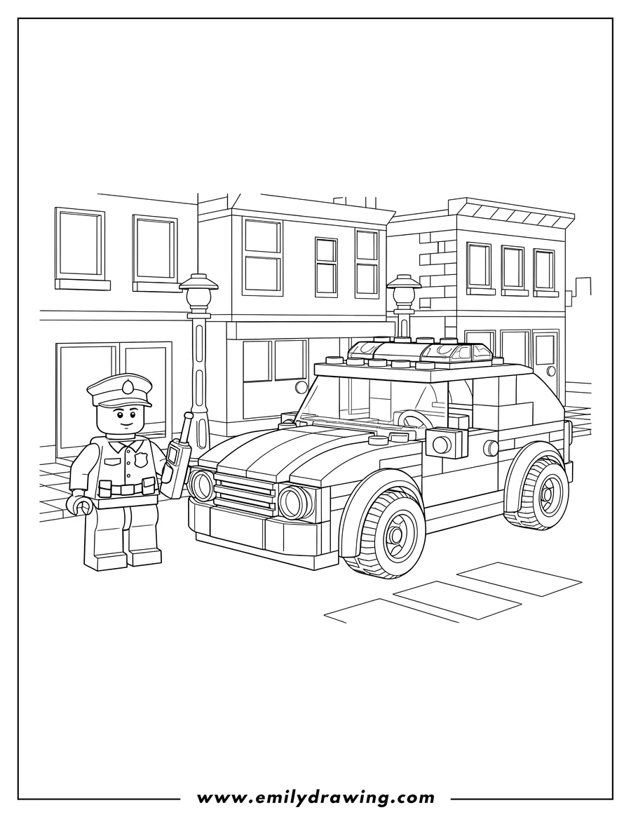 Full page coloring image of detailed Lego Police Car Parked City with a Police Officer Standing Nearby