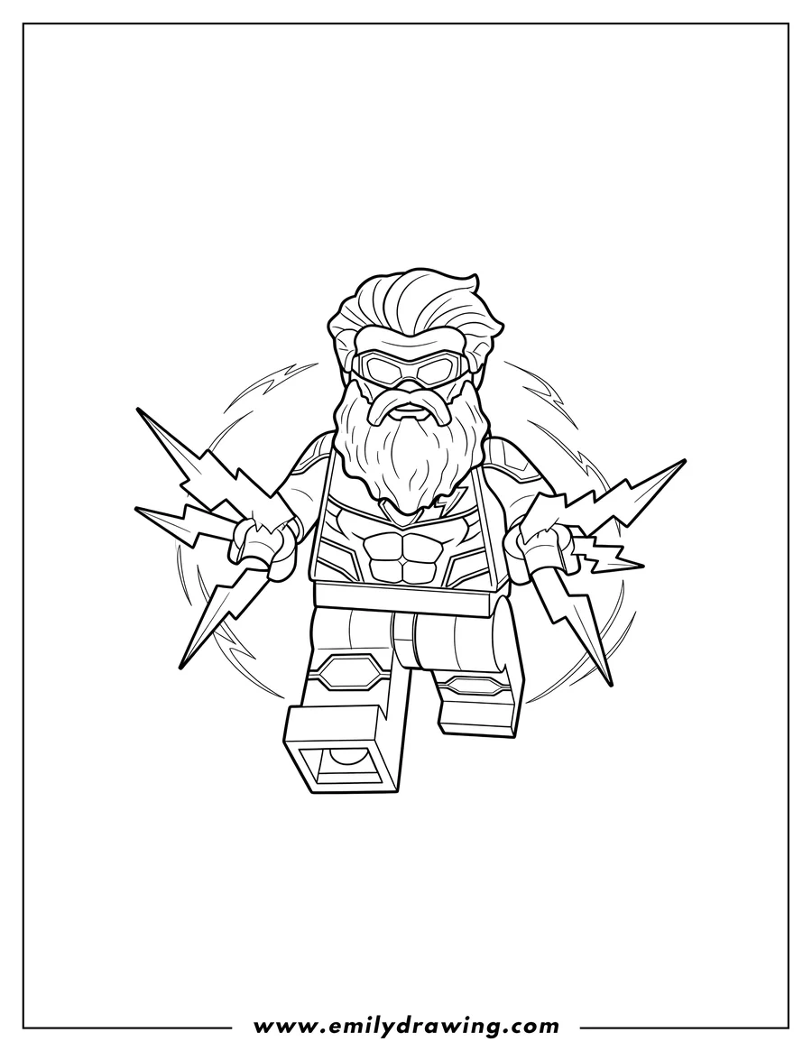 Doodle style coloring picture of lego Quicksilver with a beard holding jagged energy effects