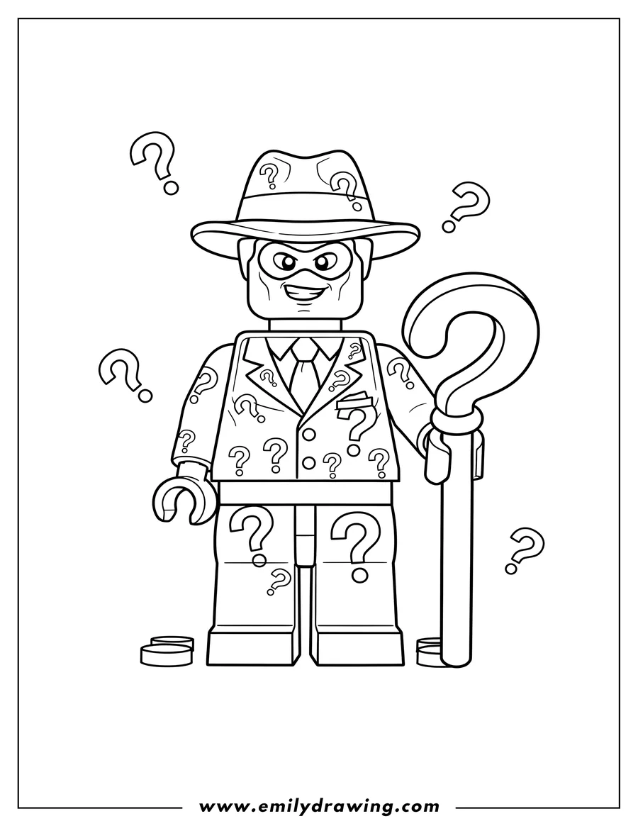 Downloadable coloring page of lego Riddler wearing a fedora with question marks