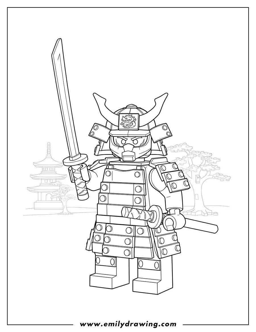 Outline drawing of lego Samurai holding a sword, wearing armor