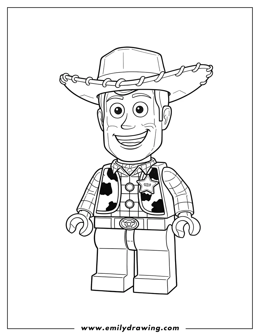 High quality printable lego Sheriff Woody Pride smiling for coloring