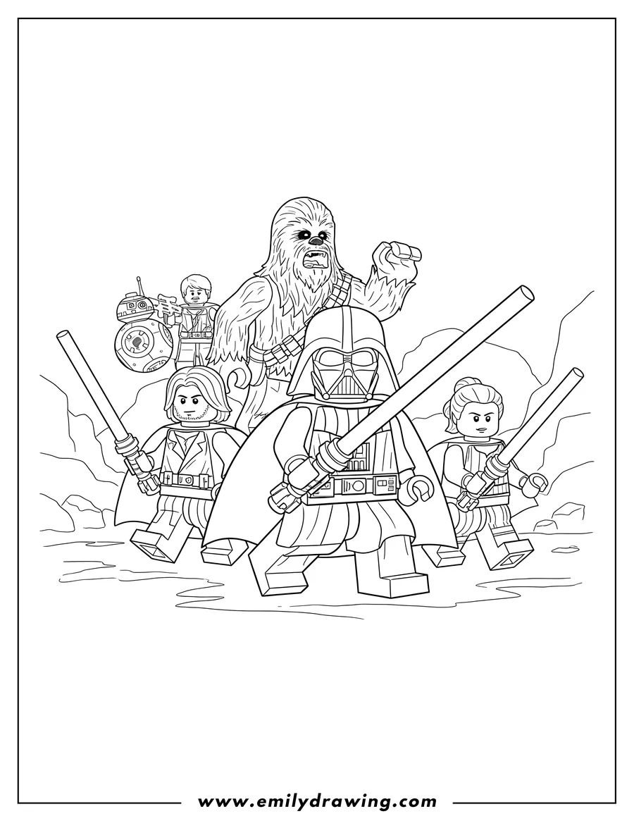 Outline drawing of lego Star Wars Darth Vader wielding a lightsaber, Rey holding a lightsaber, Kylo Ren holding a lightsaber, Chewbacca, Finn, and BB-8
