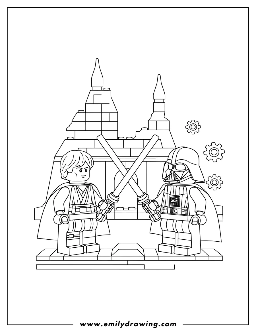 PDF style coloring page: lego Star Wars Luke Skywalker Fighting With Darth Vader with crossed lightsabers