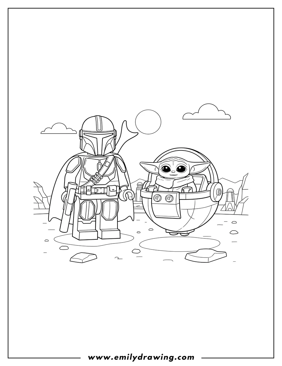 Printable line art of lego Star Wars Mandalorian standing with Baby Yoda in his hover pram