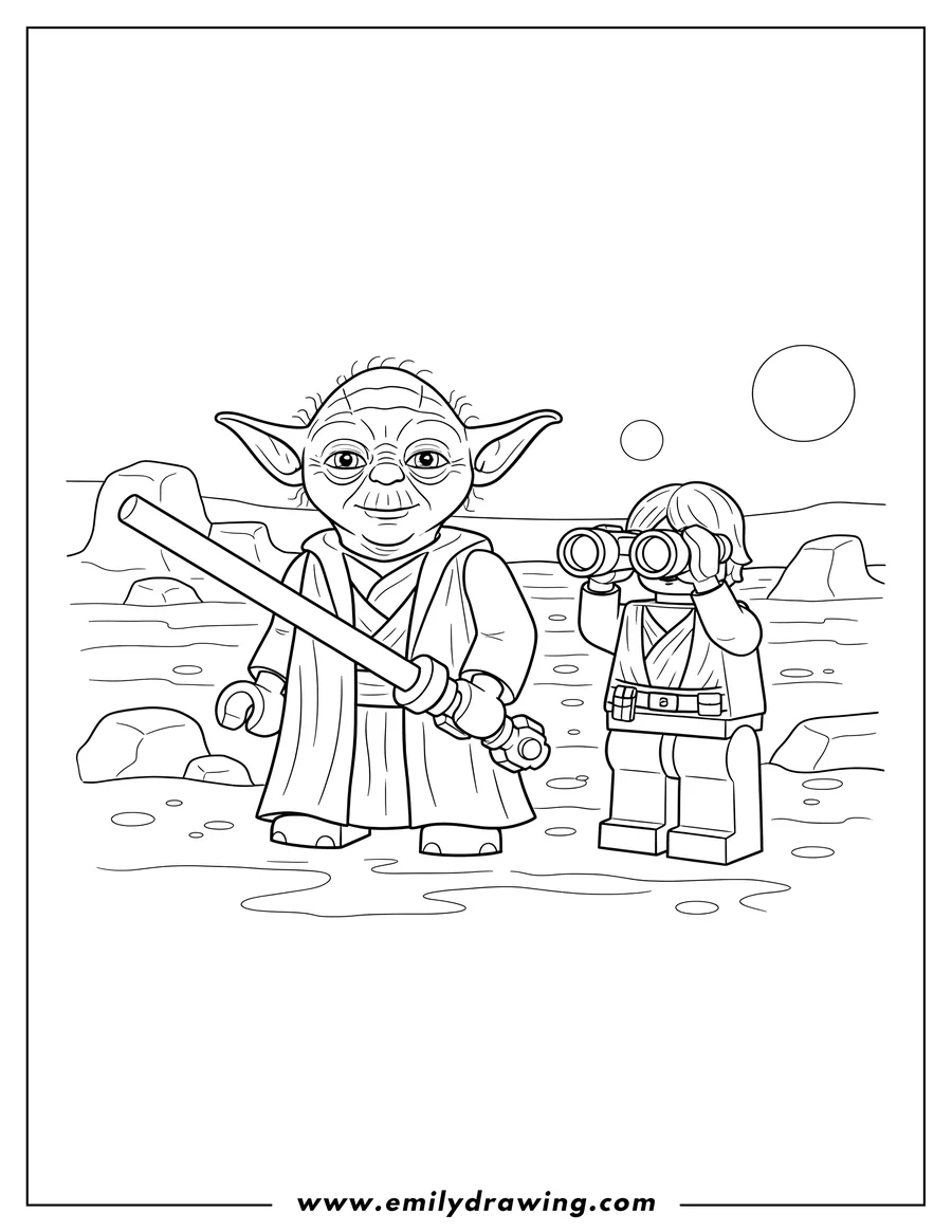 Clean line drawing: lego Star Wars Master Yoda holding a lightsaber with Luke Skywalker holding macrobinoculars