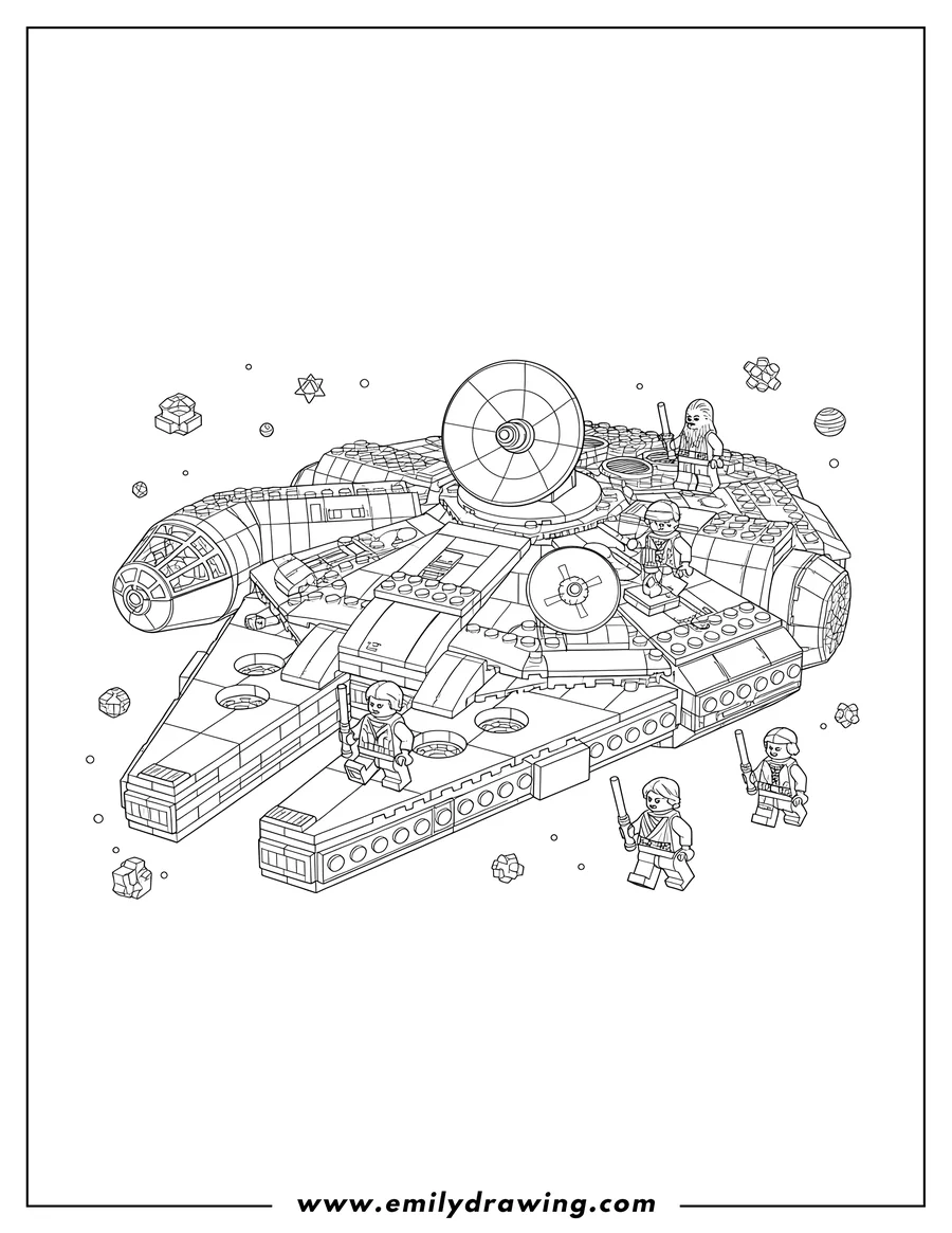 Vector style outline of lego Star Wars Millennium Falcon coloring page