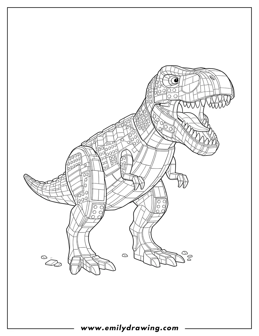 Coloring page for kids: lego T Rex Scaled, standing with mouth open