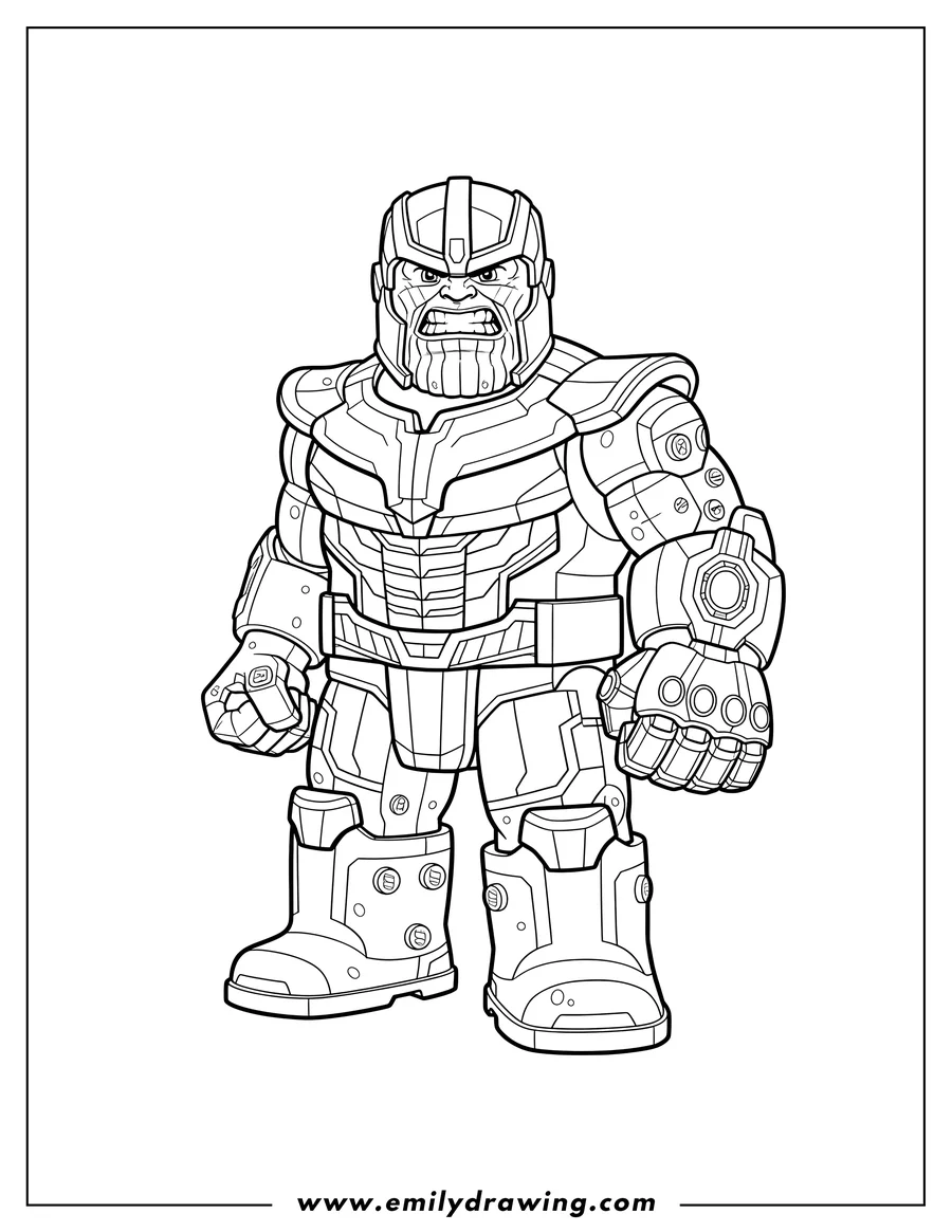 Clean line drawing: lego Thanos with an angry expression, wearing armor