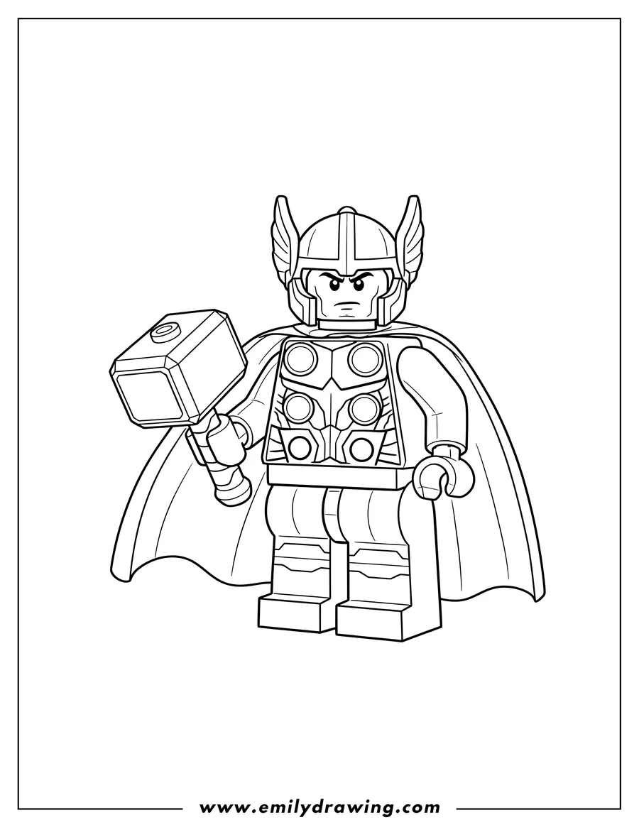 Free printable coloring sheet of lego Thor in a cape, holding his hammer, with a determined expression