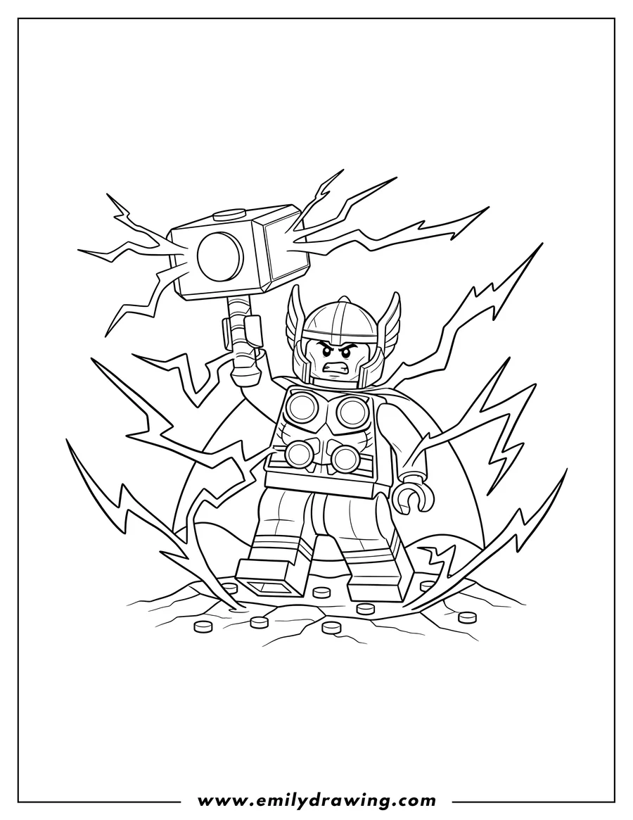 Vector style outline of lego Thor with hammer raised, fierce expression, summoning lightning