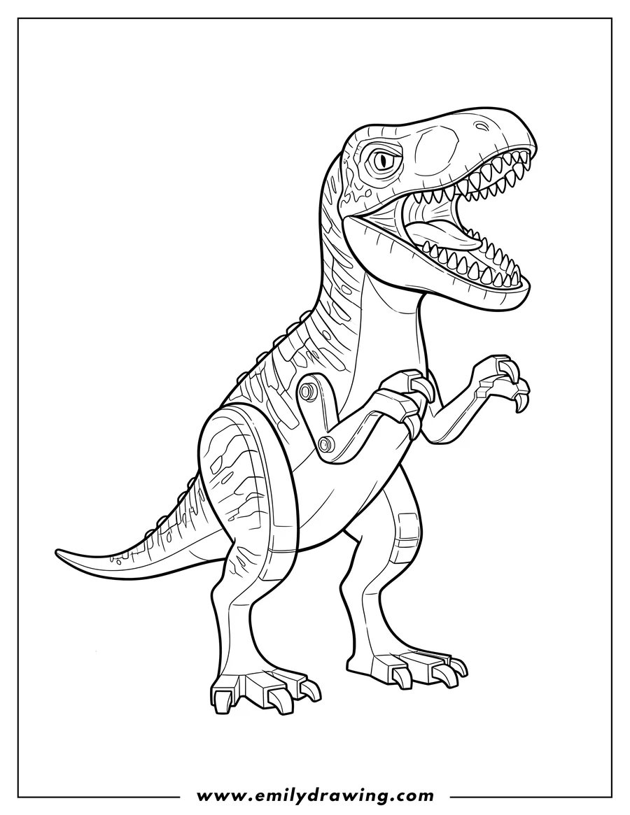 Outline drawing of lego Velociraptor Scaled, standing with open mouth and clawed hands