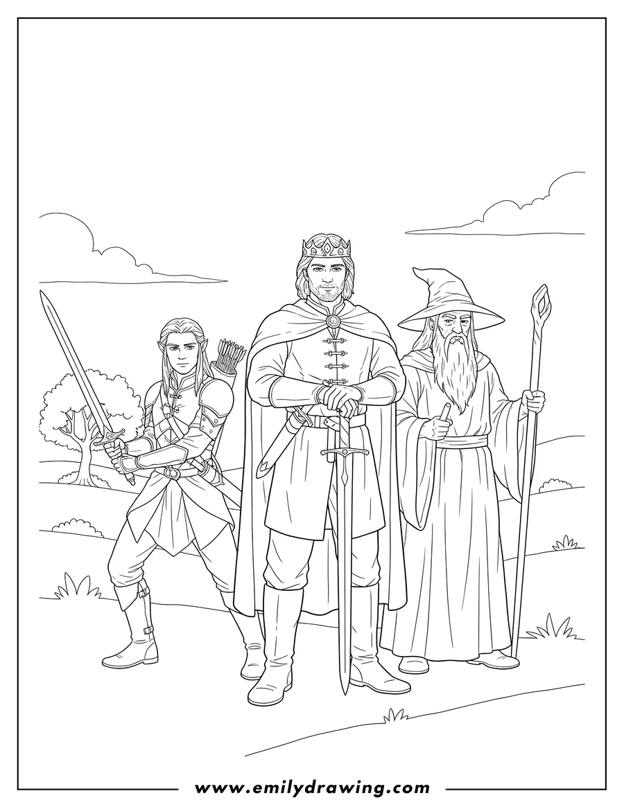 Free to print drawing of lord Rings Legolas, Gandalf, and Aragorn, with Legolas holding a sword