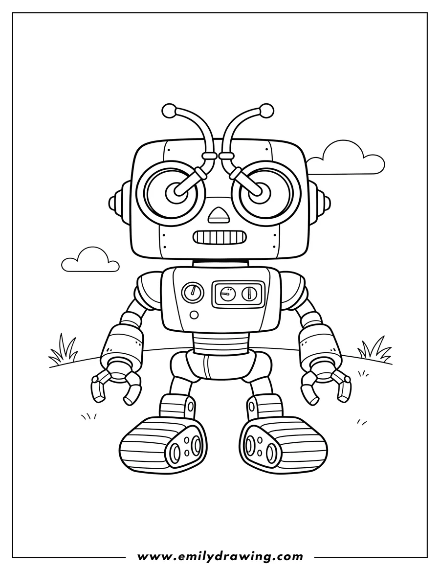 Printable line art of lenny the robot looking forward with oversized binocular eyes