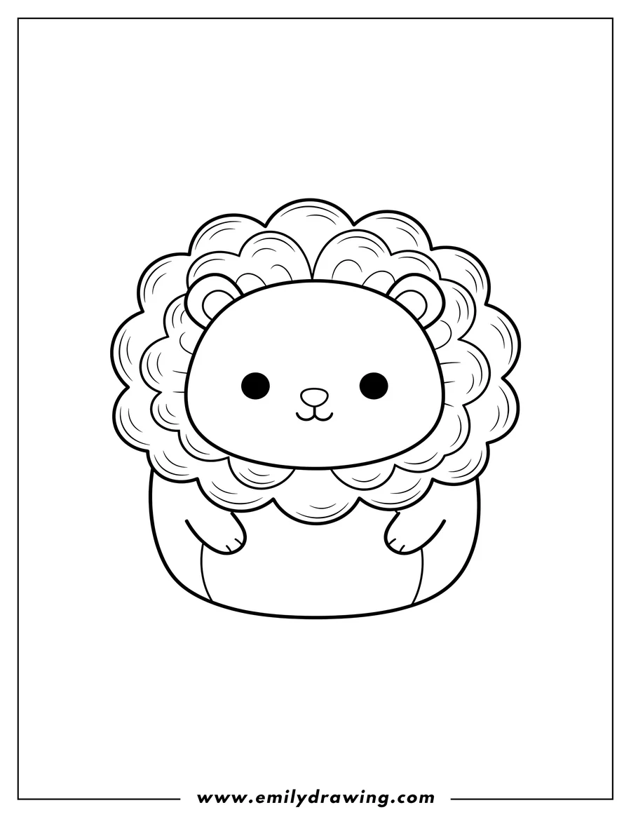 Coloring page of leonard Lion Squishmallow coloring page, with a cute face and fluffy mane