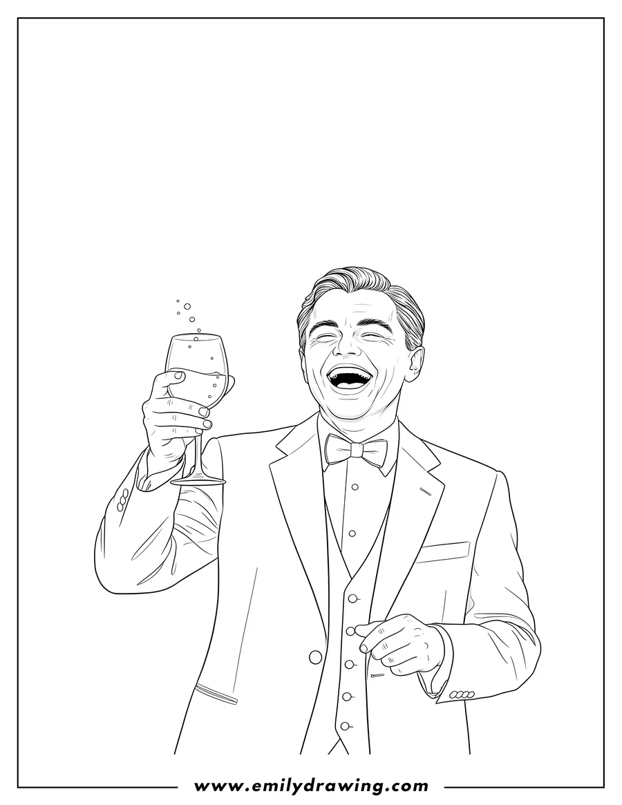 Full page coloring image of leonardo Dicaprio Laughing Meme, in a suit, holding a wine glass