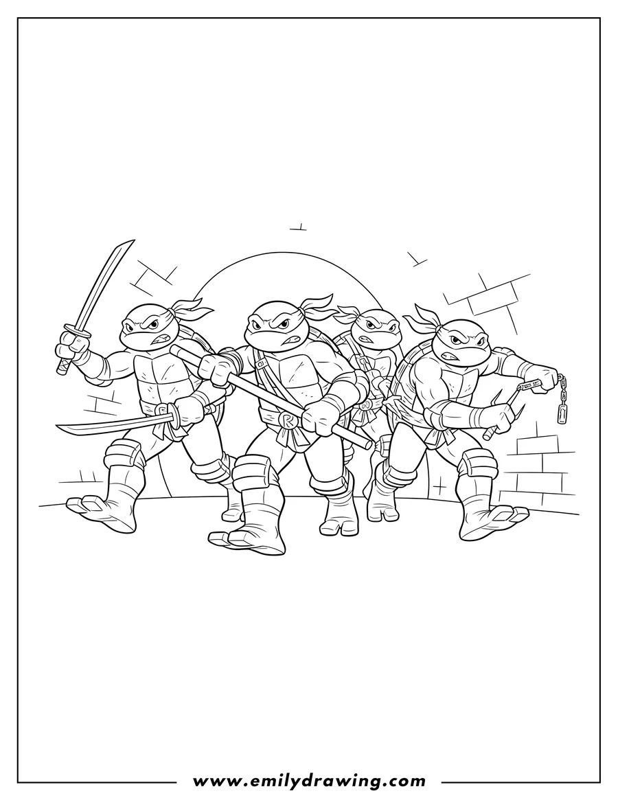 Clean line drawing: leonardo Donatello Raphael Michaelangelo Ninja Turtles running with weapons