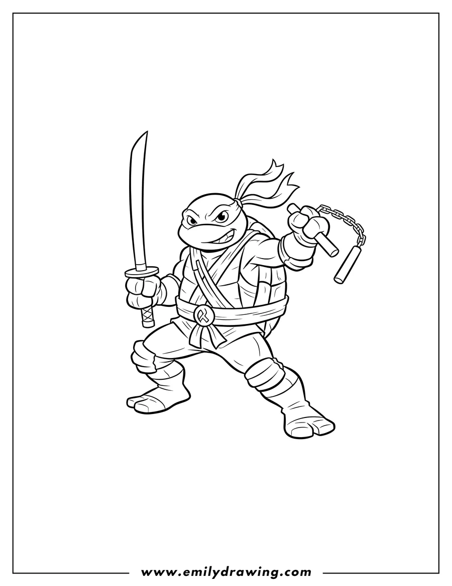 Free printable coloring sheet of leonardo Smirking While Holding Katana and Raising a Nunchaku