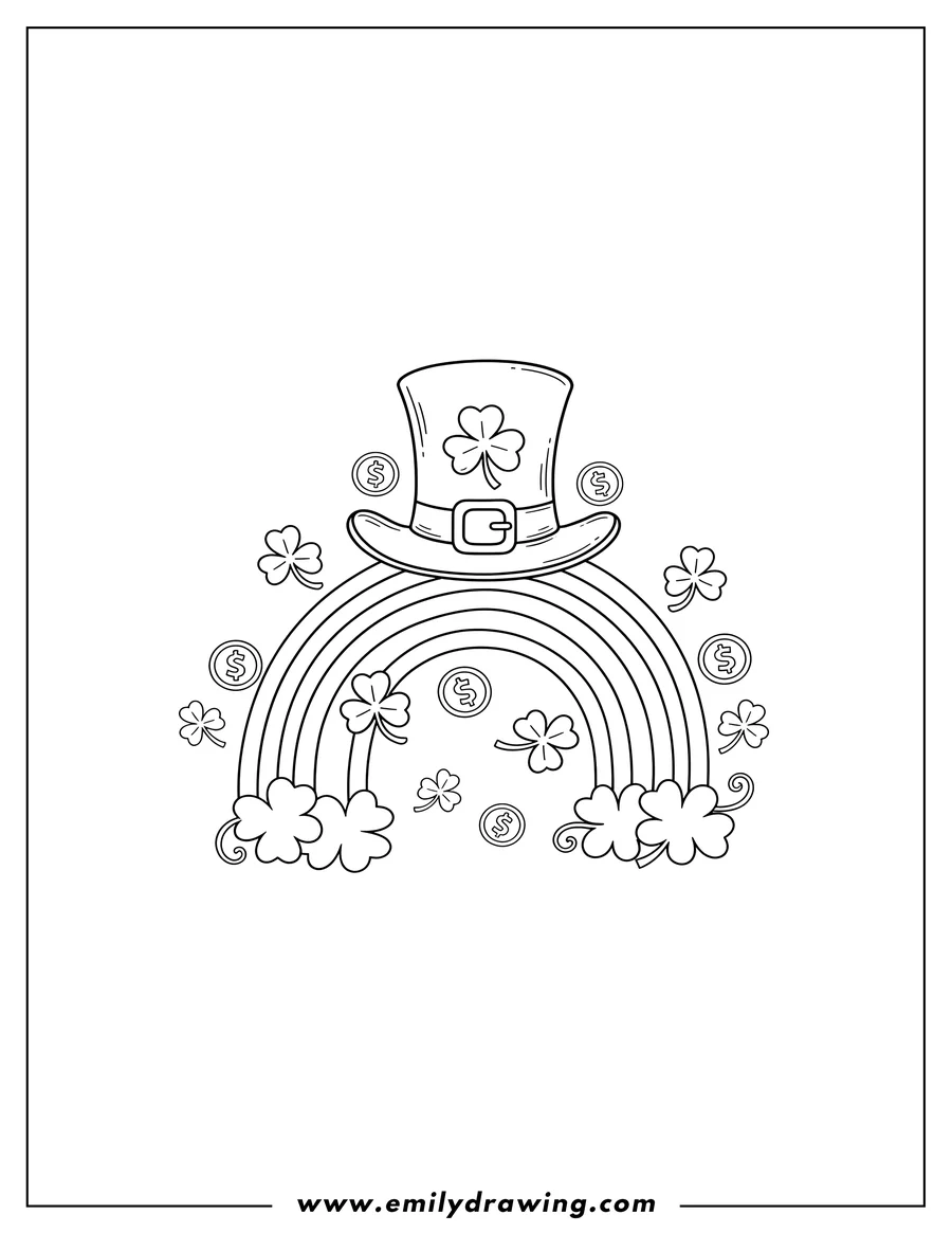 Vector style outline of leprechaun Hat sitting on a full circle rainbow, with shamrocks and gold coins