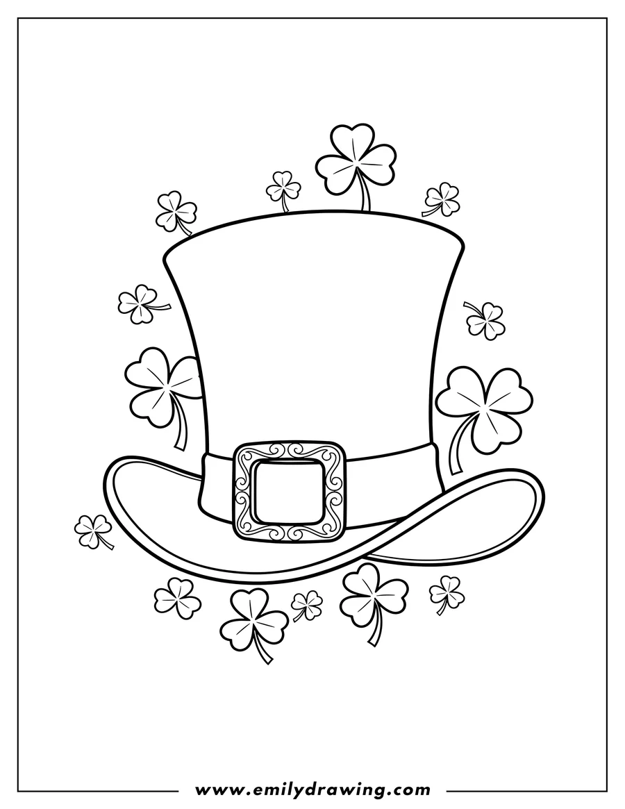 Printable coloring page of leprechaun Hat with a Buckle and Shamrocks To Color