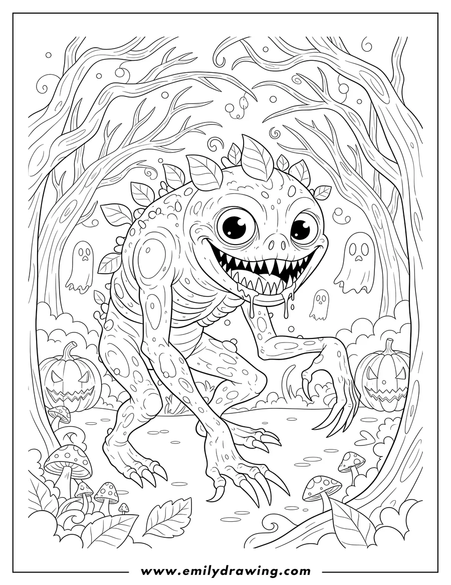 Black and white line art of leshless Ghoul with sharp claws, drooling and crouching in a haunted forest