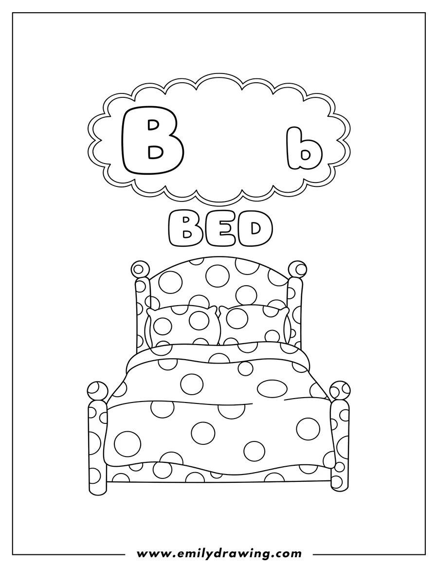 Full page coloring image of letter B Bed With Polka Dot Frame, featuring uppercase and lowercase B in a scalloped frame, and the word 'bed'