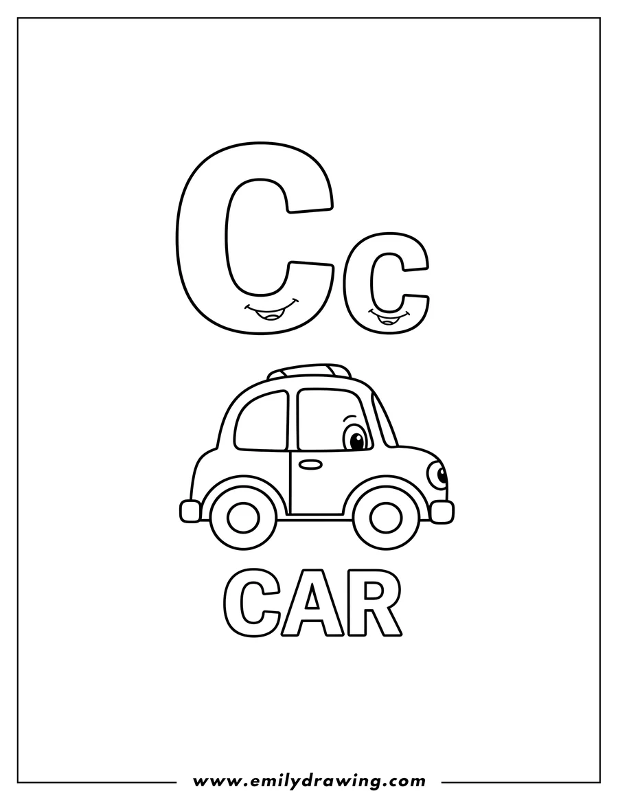 High quality printable letter C Car Preschoolers, showing uppercase and lowercase C, a simple car outline, and the word CAR for coloring