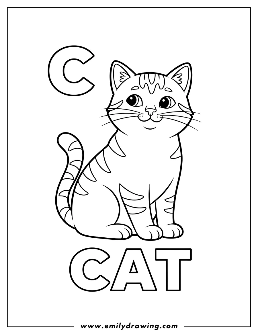 Coloring page of letter C Cat Flashcard With Striped Margin, showing a striped cat and the word 'cat' written below