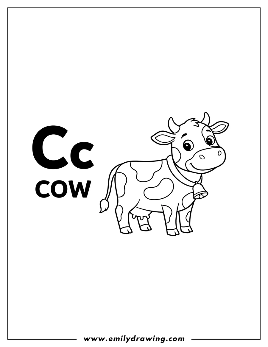 Coloring sheet featuring letter C Flashcard Cow, standing and spotted, with large 'Cc' letters and the word 'COW'